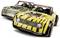 Two remote-controlled toy cars with striking yellow and black, and green and black designs, standing side by side.