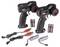 Two black and red remote controls with batteries, charging cables, and rechargeable batteries.