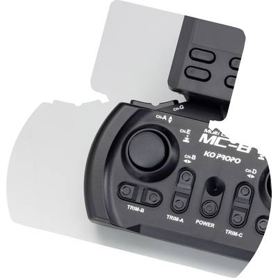 A black remote control controller with levers, buttons and labels in white. The design is modern and functional.