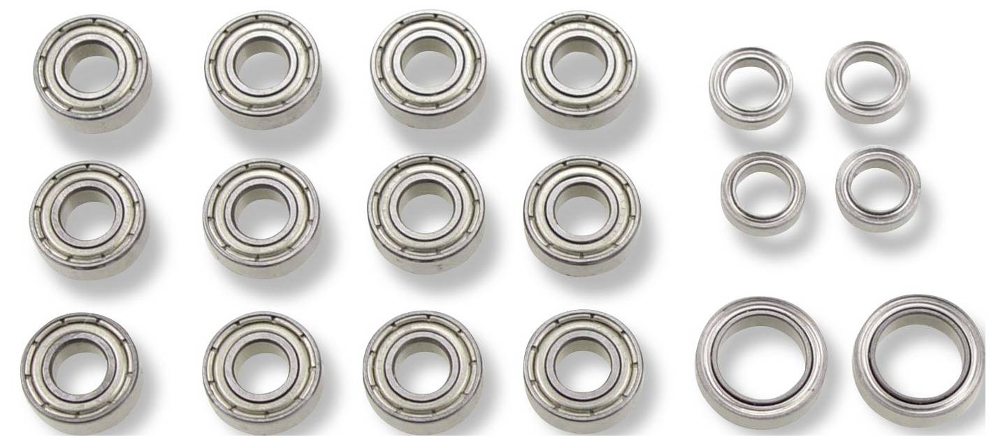 A collection of 16 ball bearings in various sizes, evenly arranged in four rows.