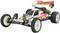 A remote-controlled model car with shock absorbers, eye-catching paintwork and large tyres. The car is an off-road buggy.