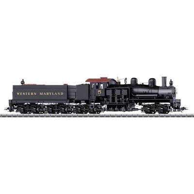 A historic black steam locomotive with 'Western Maryland' inscription and the number 5, standing sideways on a railway track.