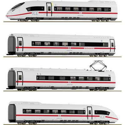 An ICE train with four carriages: driver's cab, buffet car, second-class carriage with pantograph, and another second-class carriage.