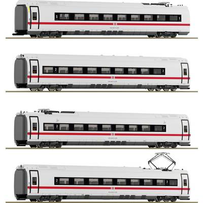Four models of modern trains side by side show different carriages with varying numbering and compartments.