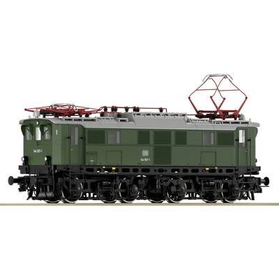 Green model of a historical electric locomotive with a red pantograph, label '144 502-1', intricately designed.