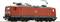 A model of a red electric locomotive from Deutsche Bahn with visible details such as current collector and pantograph.