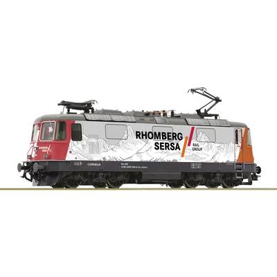 An electric locomotive in the design of Rhomberg Sersa Rail Group, set against a white background, depicting a mountainous landscape with the company logo.