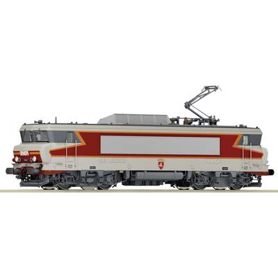 A model of a French electric locomotive in beige and red design. The locomotive has the SNCF logo at the front and a coat of arms on the side.