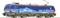 Blue goods train with illustrations of mountains and skylines on the side, with 'Cargo' written on it. Locomotive with red pantographs.