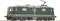Green train from the BLS brand on a white background, side view. Well-maintained exterior appearance, black and grey details.