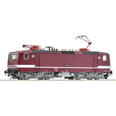 A red electric locomotive with 'DB' written on its side is standing on a track. It has a horizontal white line along its side and red pantographs.
