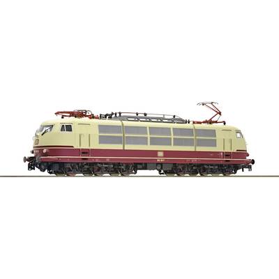 Beige and red electric locomotive of Deutsche Bahn, shown side-on on a railway track, with pantograph raised.
