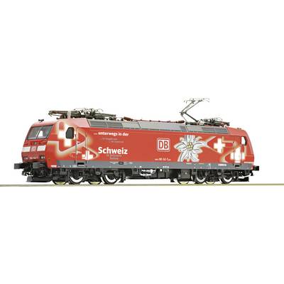 A red Deutsche Bahn train with white edelweiss and Swiss symbols, with the text '... travelling in Switzerland'.