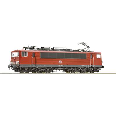 A red electric locomotive of Deutsche Bahn is standing on the tracks, viewed from the side.