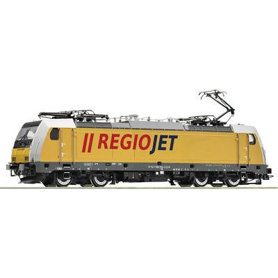 A yellow train with 'RegioJet' written on its side. The train has a modern design and is depicted on a white surface.