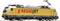 A yellow train with 'RegioJet' written on its side. The train has a modern design and is depicted on a white surface.
