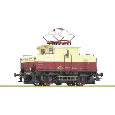 Yellow and red model of an electric locomotive with the inscription 'Sennalpe Railway Locomotive 1'. The locomotive has a pantograph.