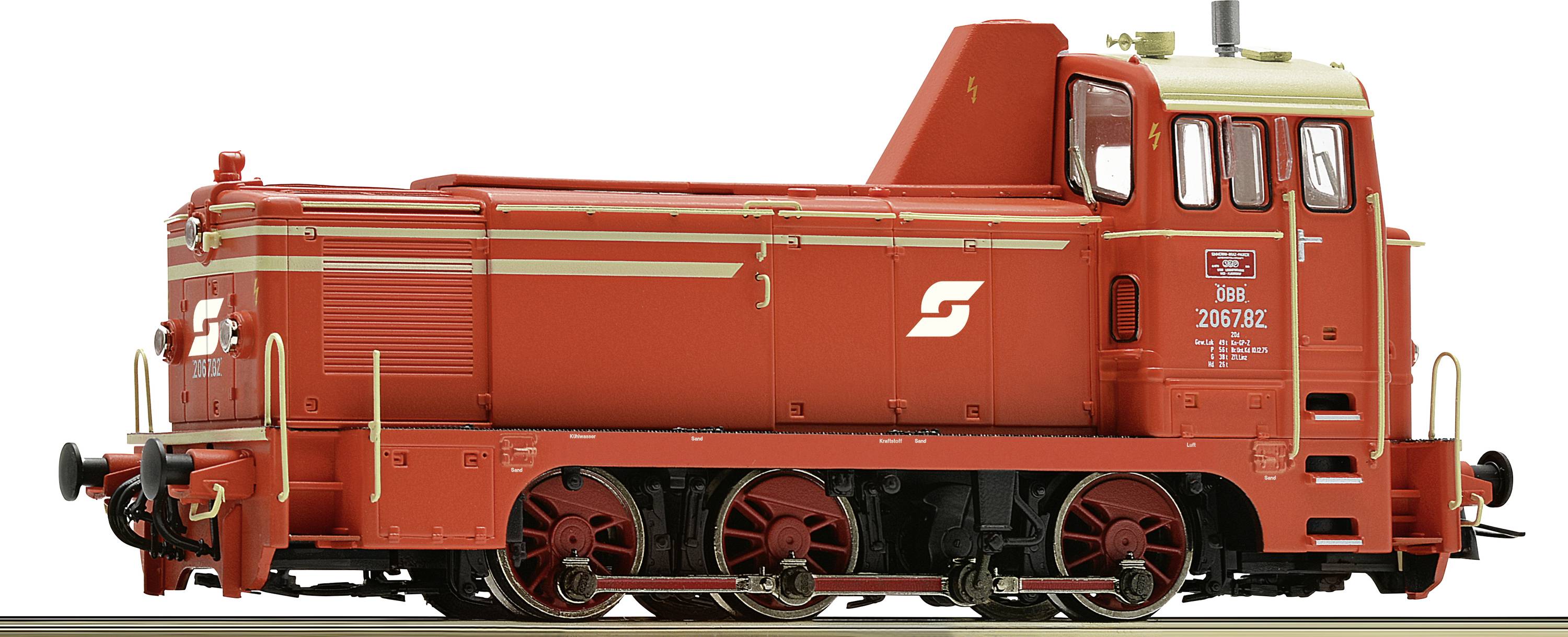 A red diesel railcar locomotive with three axles, viewed from the side. It has the logo of a transport company printed on it.