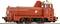 A red diesel railcar locomotive with three axles, viewed from the side. It has the logo of a transport company printed on it.