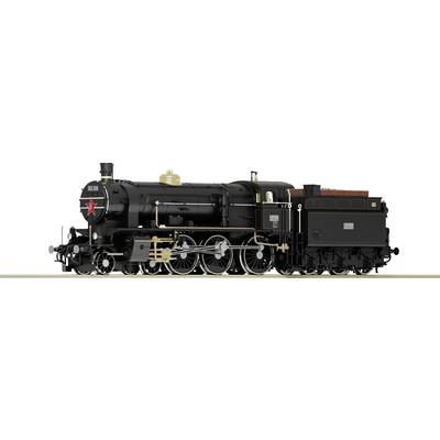 A classic black steam locomotive model with red details and golden accents, standing sideways on a track.