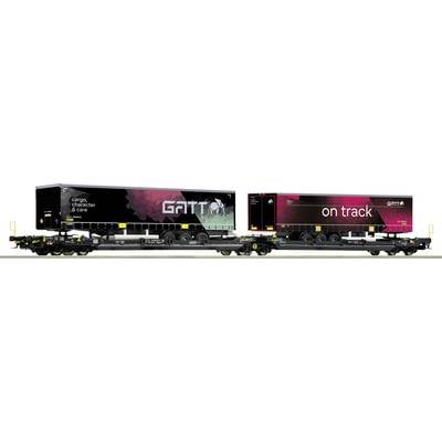Two lorries are being transported on a train, one with the inscription 'Gartner' and the other 'on track'. This symbolises logistics and transport.