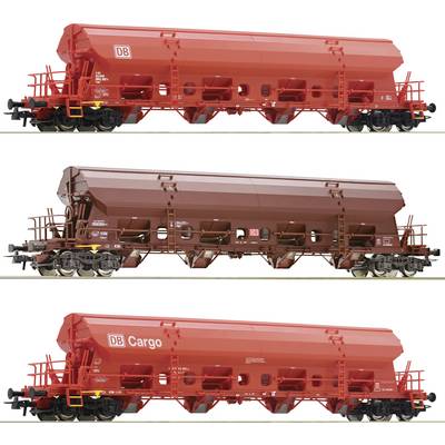 Three different red freight wagons, all from DB and each with distinct designs and logos representing transport concrete.