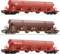 Three different red freight wagons, all from DB and each with distinct designs and logos representing transport concrete.