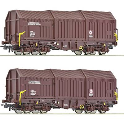 Two identical, brown goods wagons with side markings and labels are standing on a railway track.
