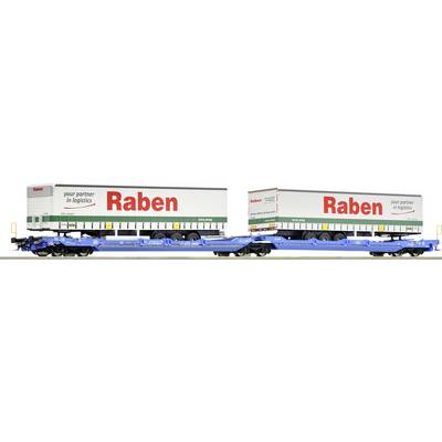 A blue goods wagon with two large white containers bearing the 'Raben' logo. The containers are stacked for transportation.
