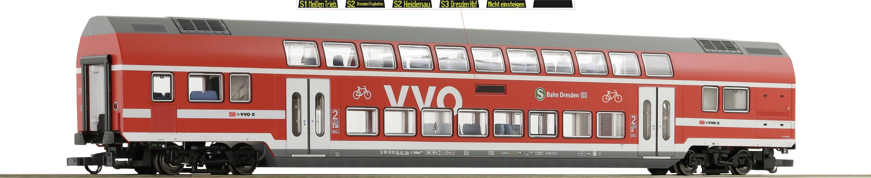 A red double-decker train model with 'VVO' logo and Deutsche Bahn markings, showing window rows, doors, and a two-tier design.