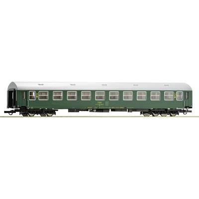 A green model railway passenger carriage with a silver roof and multiple windows. Vehicle for model railway representation.