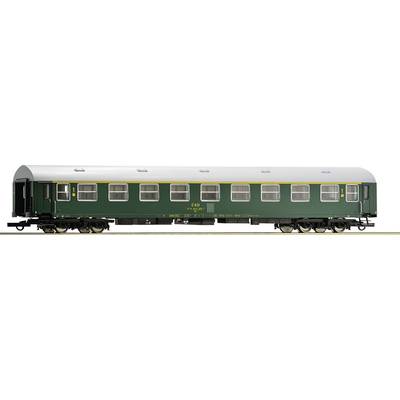 Green passenger carriage of the CD, European railway, side view, with yellow lettering on the carriage body.