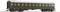 A dark green, historic railway passenger carriage with multiple windows. The carriage is standing on tracks and has a white roof.