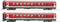 Two red model railway carriages in a realistic depiction, drawn details and labels visible, rails not discernible.
