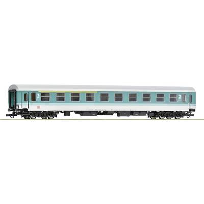 A Deutsche Bahn passenger carriage model in green and white livery with a yellow stripe and the inscription '2'.
