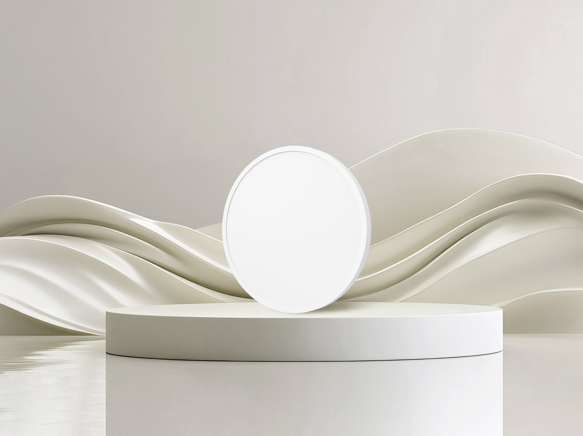 A round, white plinth set against a background of flowing, abstract wave lines. Subtle, modern aesthetic.