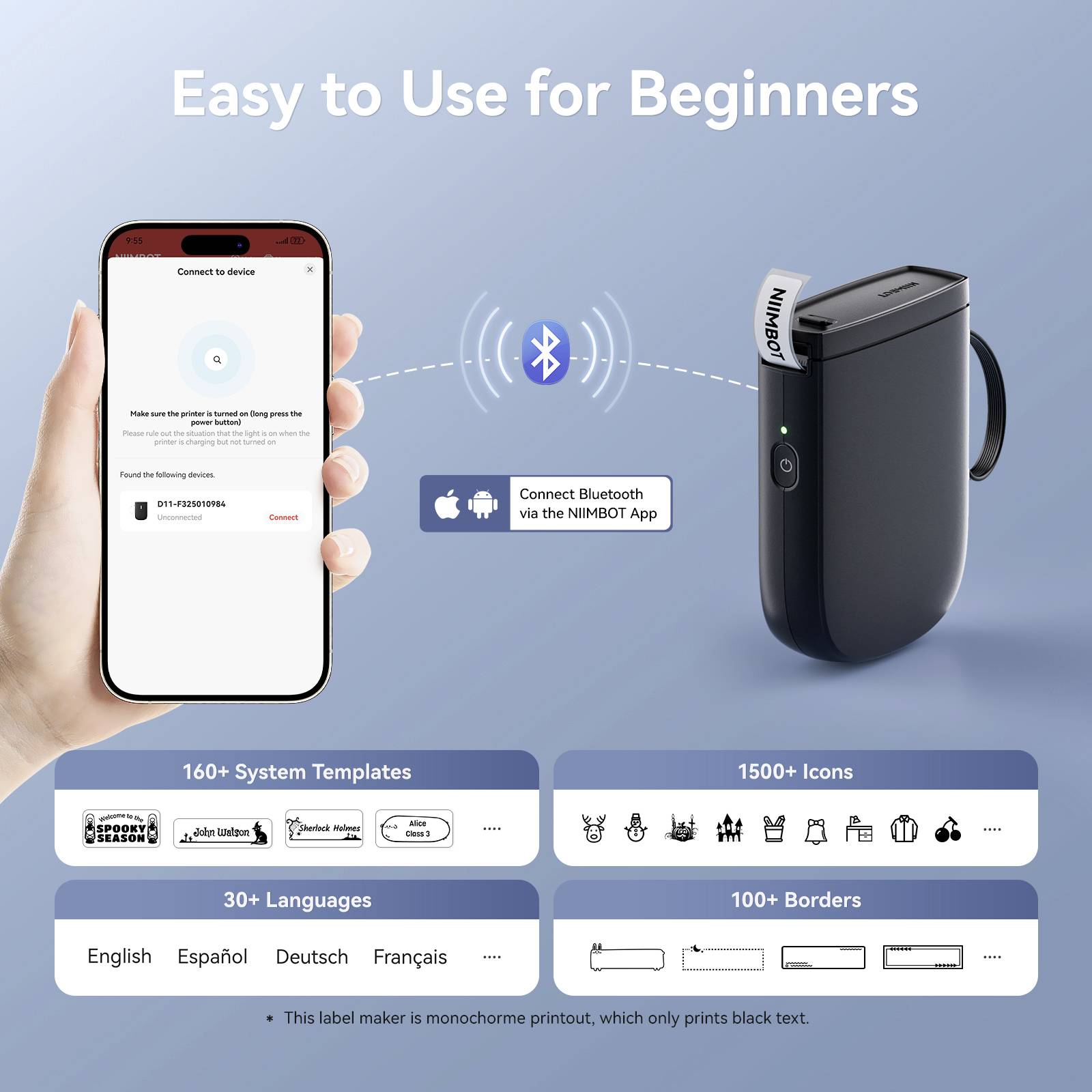 Beginner-friendly: Mobile phone shows device connection, next to portable Nimbot device. Functions: System templates, symbols, languages, fonts.