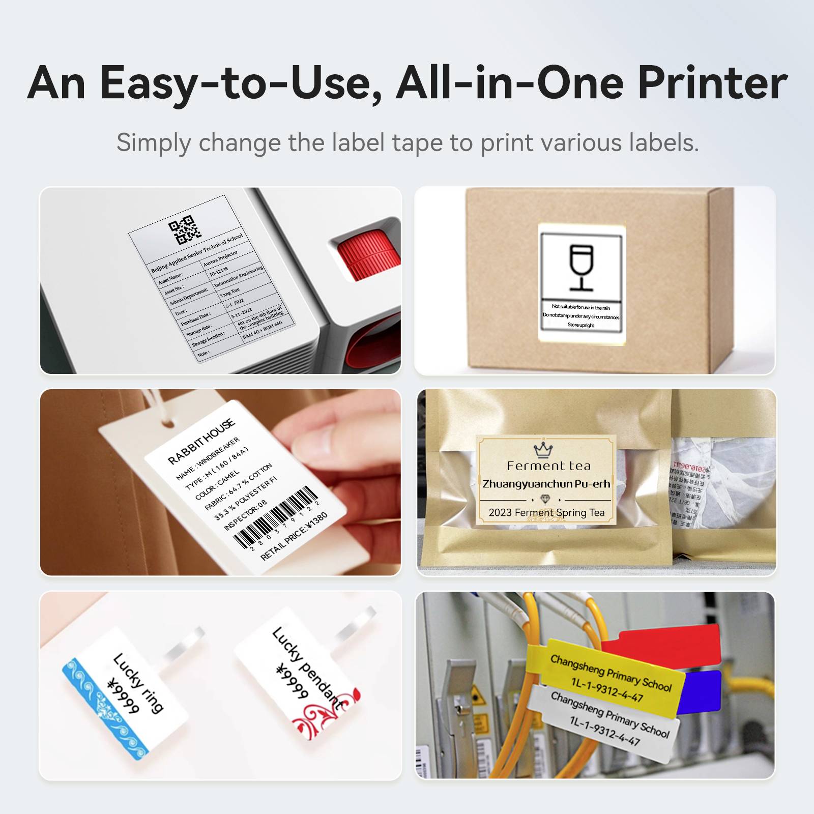 Various applications of an all-in-one printer are shown: address labels, barcode for gifts, tea and school labels.