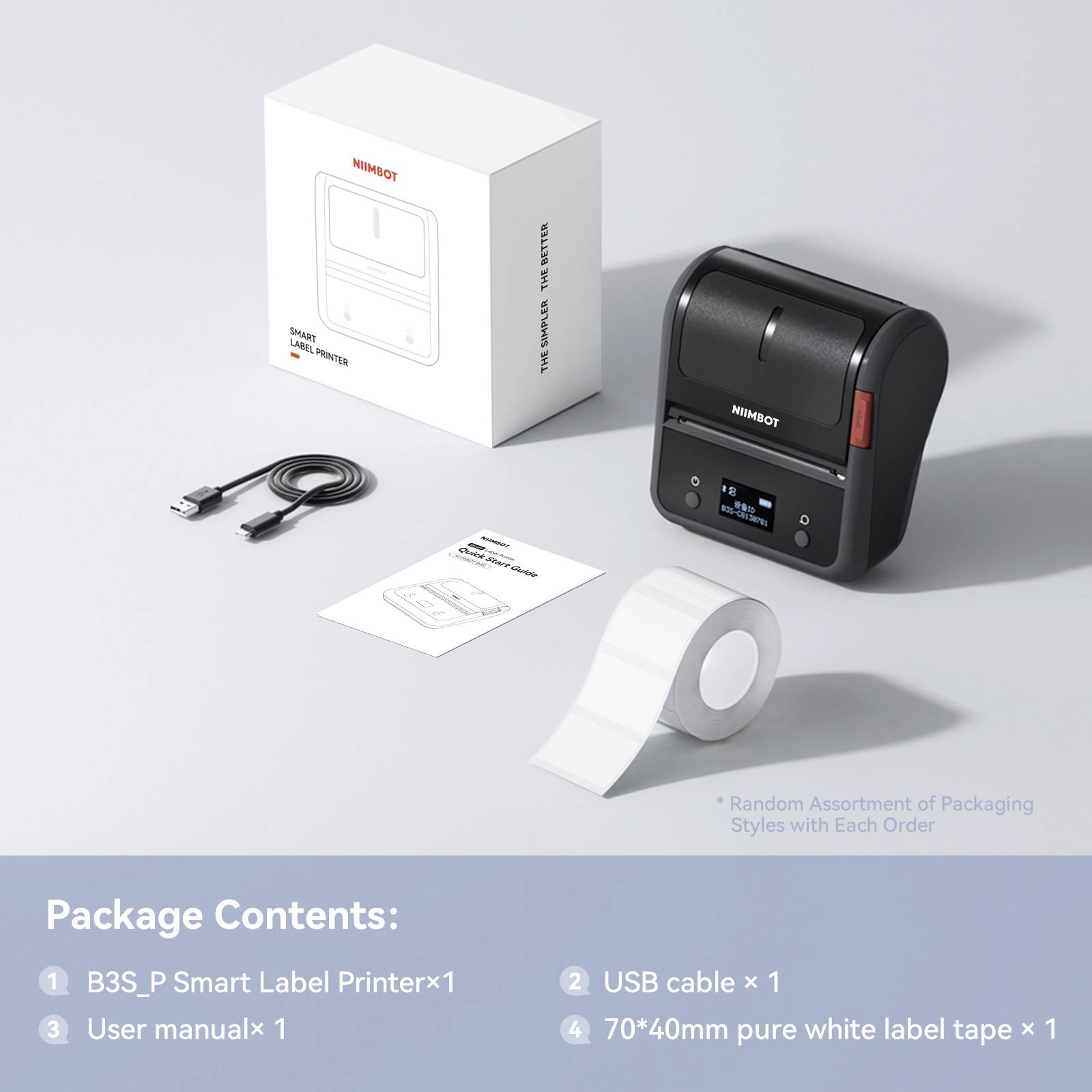 A package contains: 1 Smart Label Printer, 1 USB cable, 1 User Manual and 1 white label roll (70x40 mm).