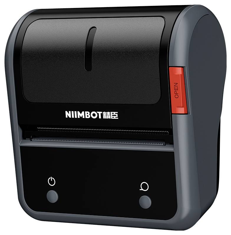 A portable label printer with a black casing and a red 'Open' button on the side. Designed for quick labelling.