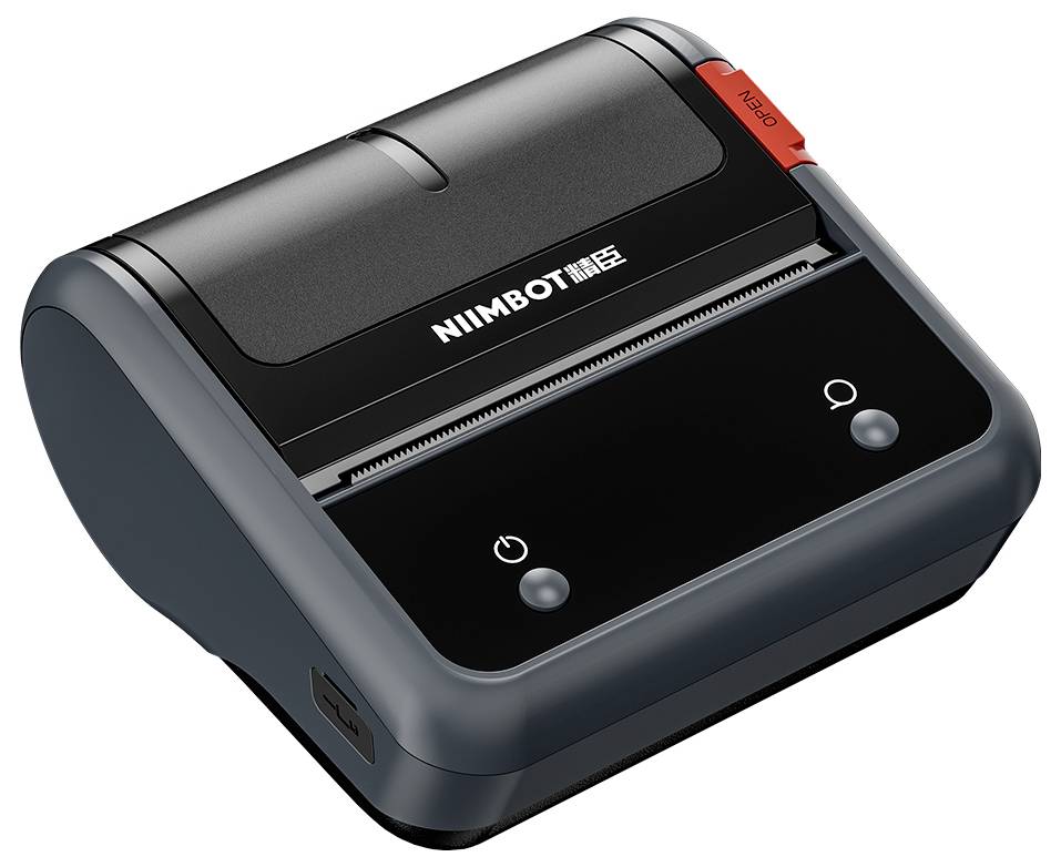 A black, compact label printer with a red button on the side. Brand logo on the top surface.