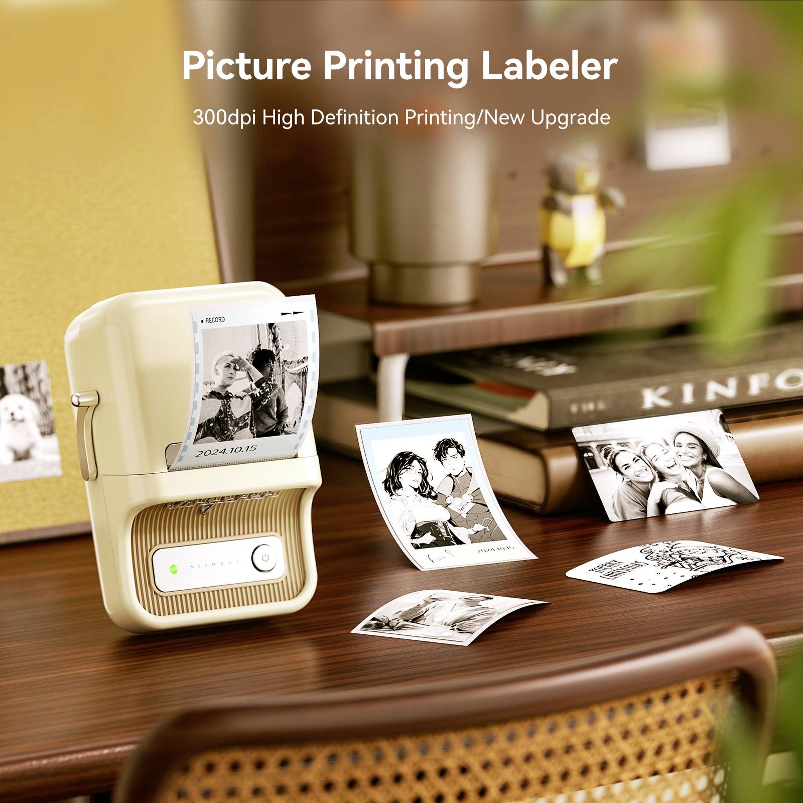 Compact photo printer on a table displaying black and white prints. Text in image: 'Picture Printing Labeller', '300dpi High Definition Printing/Upgrade'.