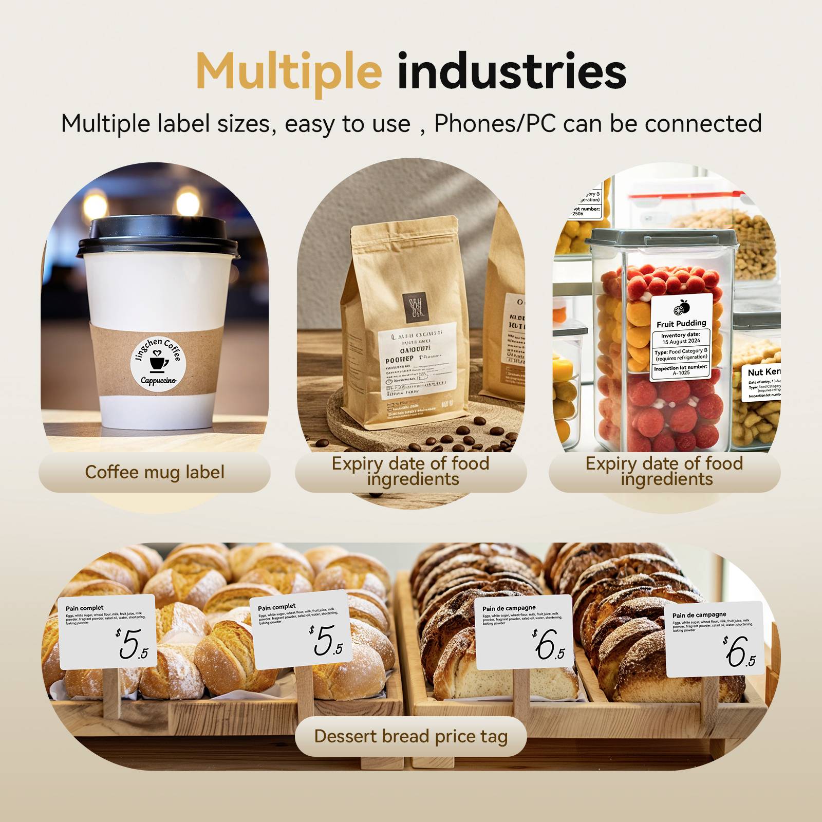The image shows labels on various products: a coffee cup, food ingredients, and pastries, with the title 'Multiple industries'.