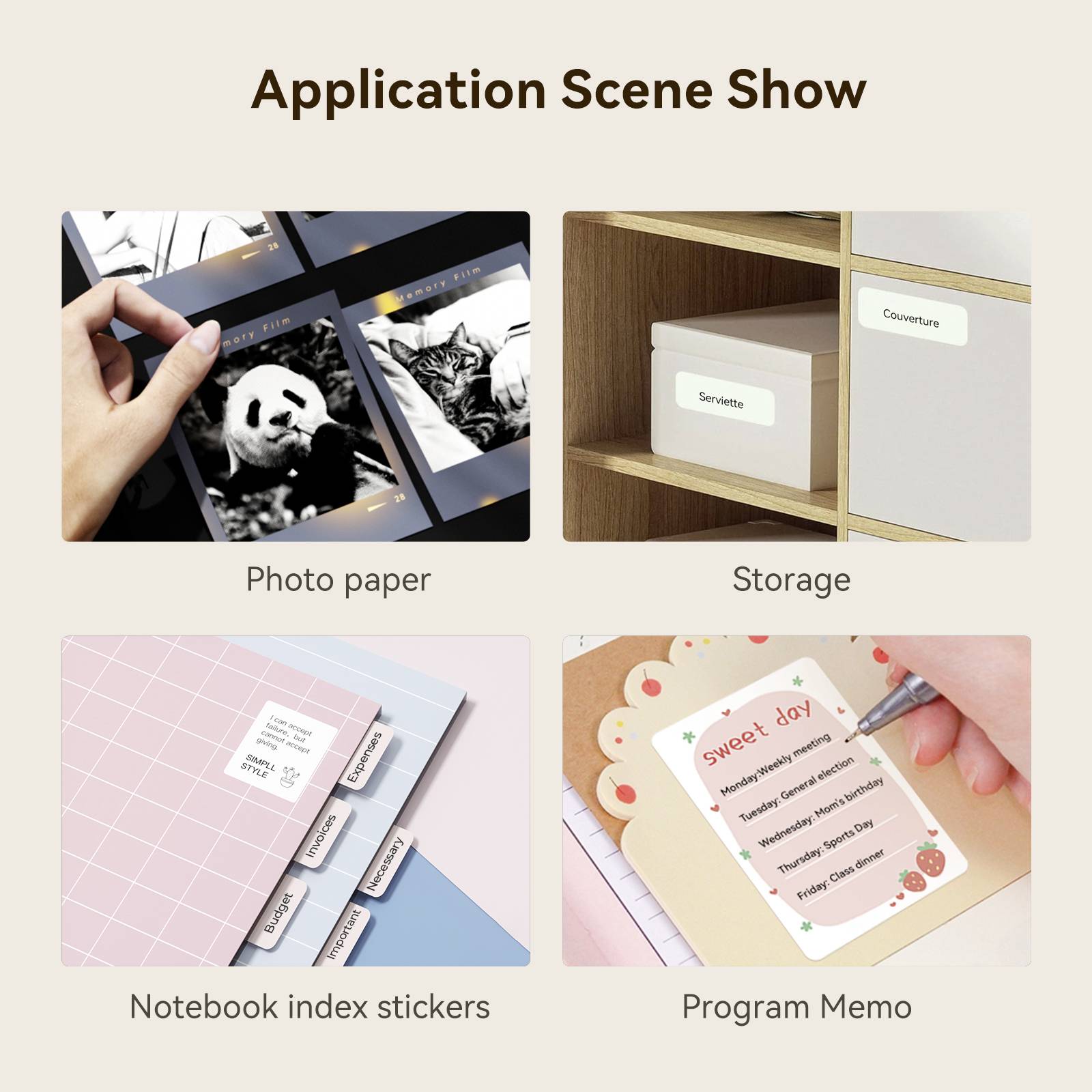 'Show application scene' with photos on photographic paper, labelled filing compartments, notebook index stickers, and programme memo.