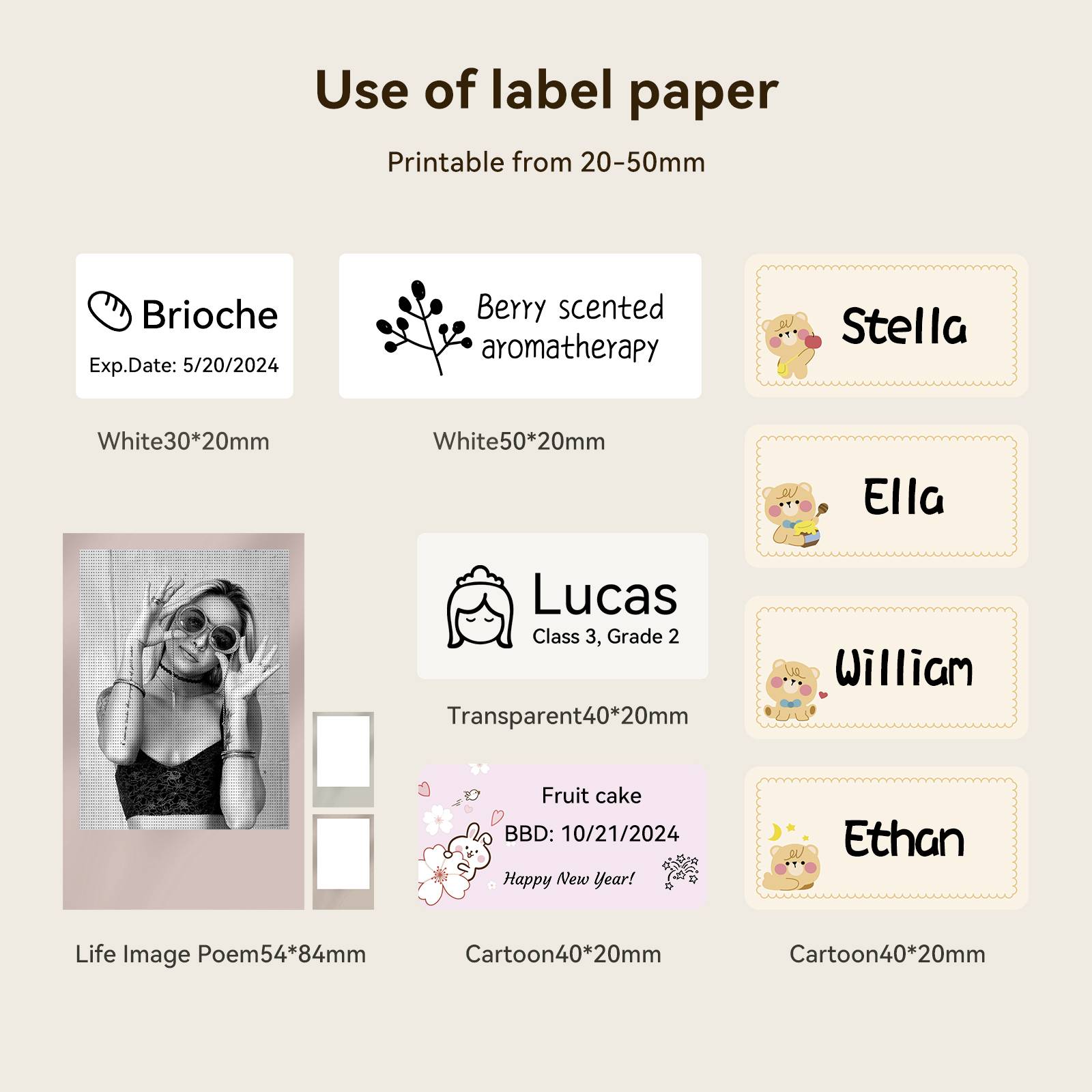 'Use of Label Paper' shows examples of labels with sizes, including 'Brioche' and 'Stella', and decorative designs.