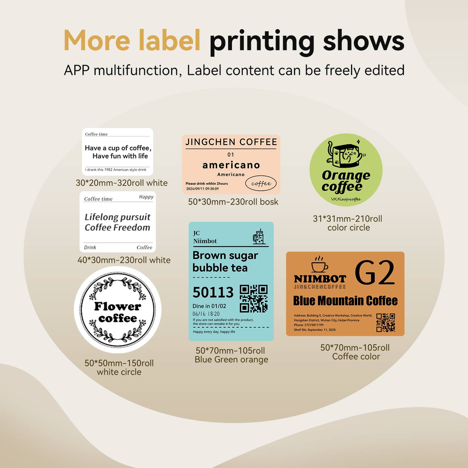 Various coffee labels display design options and print sizes, including size specifications and colours.