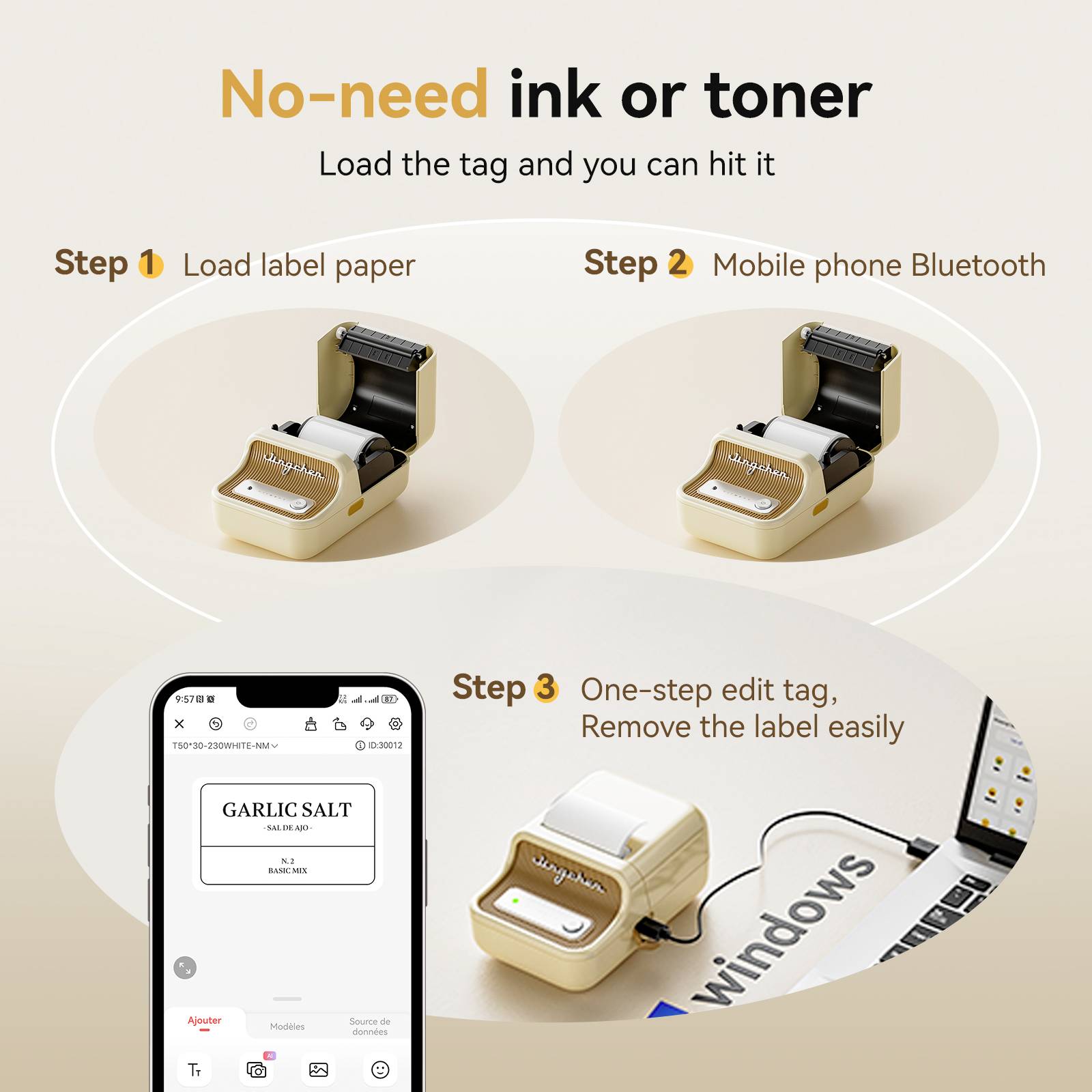 'Printer without ink or toner required. Step 1: Load label. Step 2: Connect mobile phone via Bluetooth. Step 3: Edit label and remove easily.'
