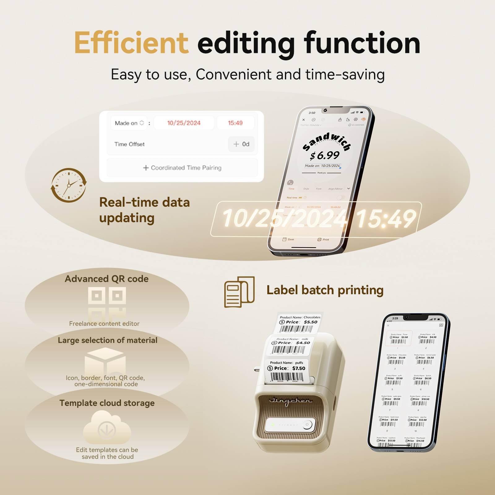 Efficient Editing Function: Real-Time Date Display and Label Batch Printing, Simple and Time-Saving, with QR Code Support.