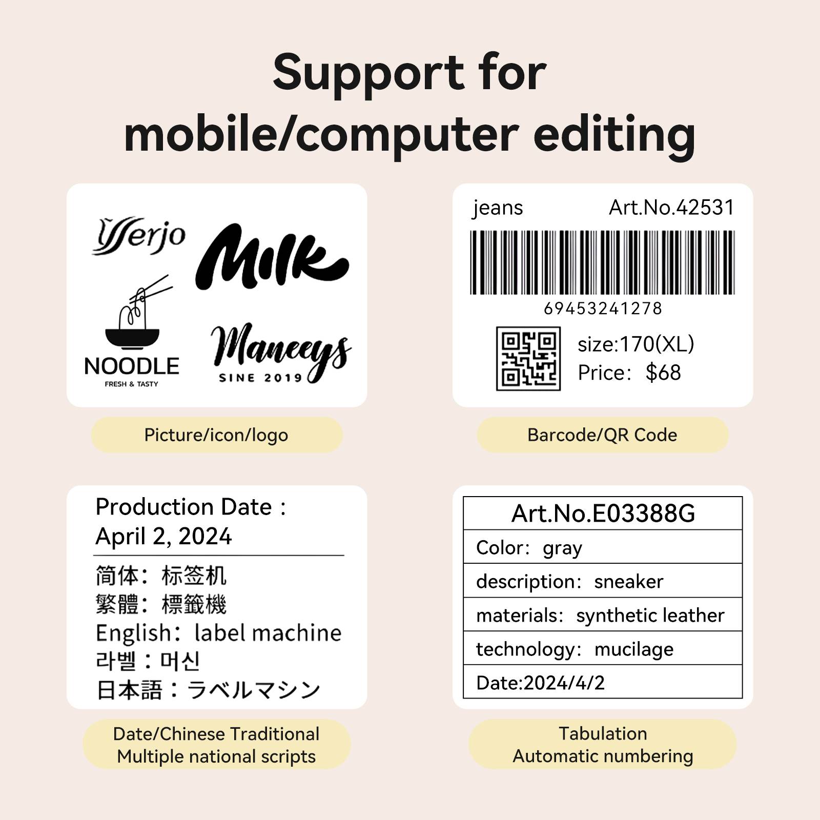'Support for mobile/computer editing' shows various editing options: logo, barcode, tabulation, date formats.