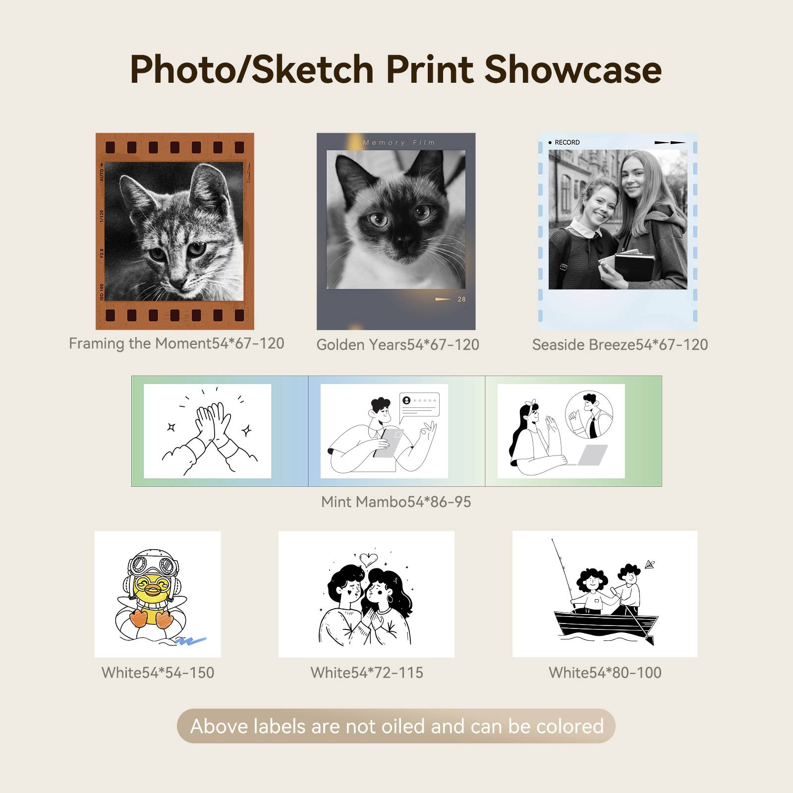 'Image and Sketch Print Preview' with illustrations of cats, women and sketches. Dimensions vary. Headline text: 'Above the labels, not oiled and can be coloured.'